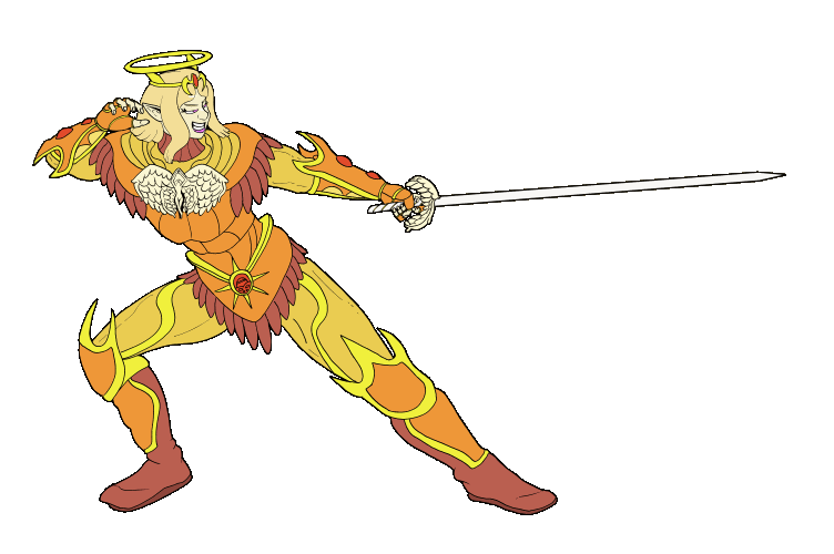 A knight in flamboyant colours in fencing posture. Animated flicking their hair.