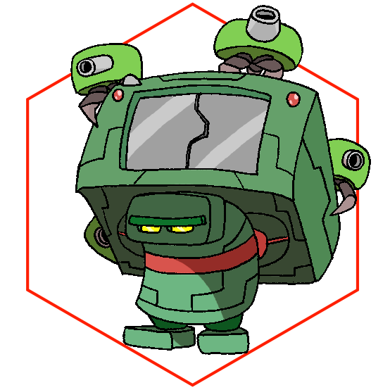 A green robot with red and yellow highlights. It stands squat on two legs with no arms bearing an expression of annoyance as it carries a massive backpack several times its size from which little turret drones are crawling out of.