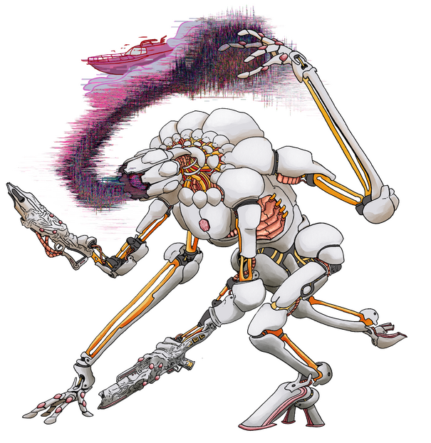 Best described as a robotic Flower Ape.It bears extra limbs with guns fused to them and a face like a metal flower spreading a glitchy haze with an image of a boat from its head.