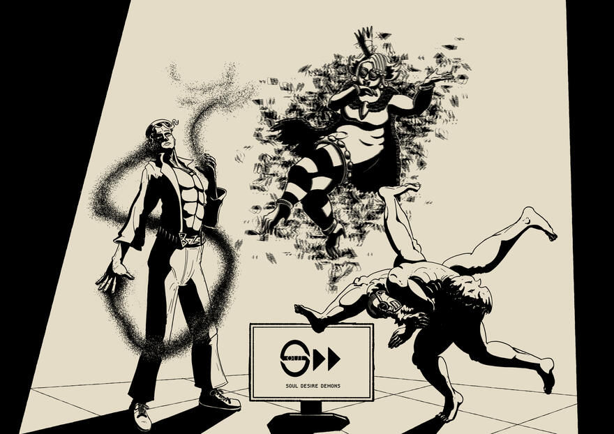 A magical girl with red hair and an outfit in pink with yellow highlights is crouched in the fetal position hugging her knees as words of distress fill her mind. The words are visually depicted hovering above her in menacing red text.