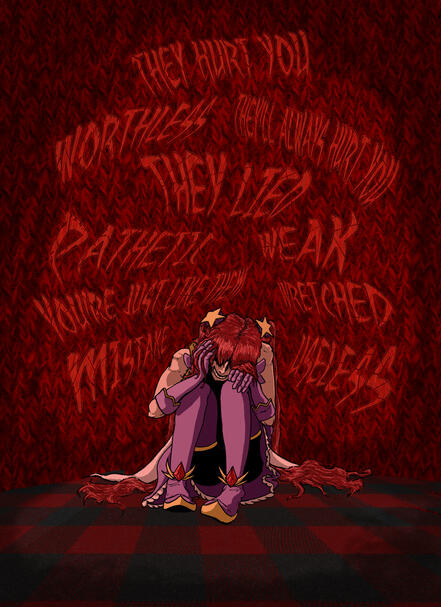 A magical girl with red hair and an outfit in pink with yellow highlights is crouched in the fetal position hugging her knees as words of distress fill her mind. The words are visually depicted hovering above her in menacing red text.