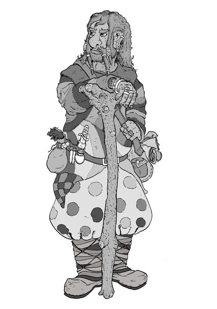 Grayscale image of a large bearded man holding an upturned tree as a walking stick. He has the looks of an adventure with pouches and bottles tied to his belt and a satchel overflowing with scrolls. He has clown pants.