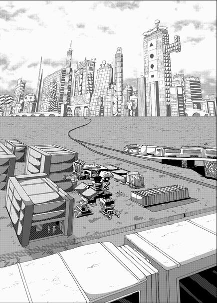 a train curves around the foreground into the background, passing by construction of new buildings by an industrial mecha as it heads towards a metropolis in the distance.