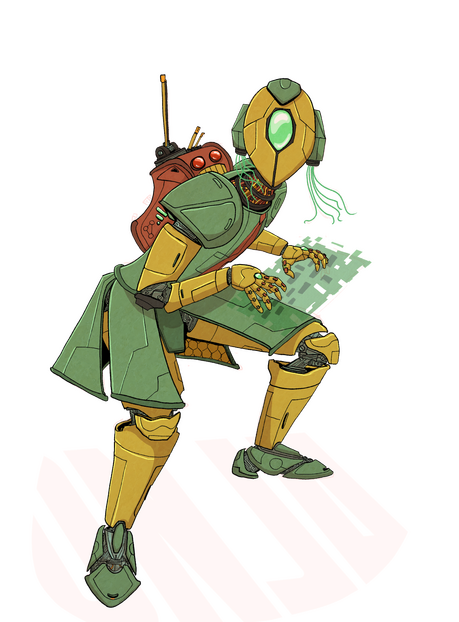 A green and yellow mecha or robotic suit with a red mechanical backpack is hunched over typing upon a virtual keyboard. She has a prominant central eye on her head.