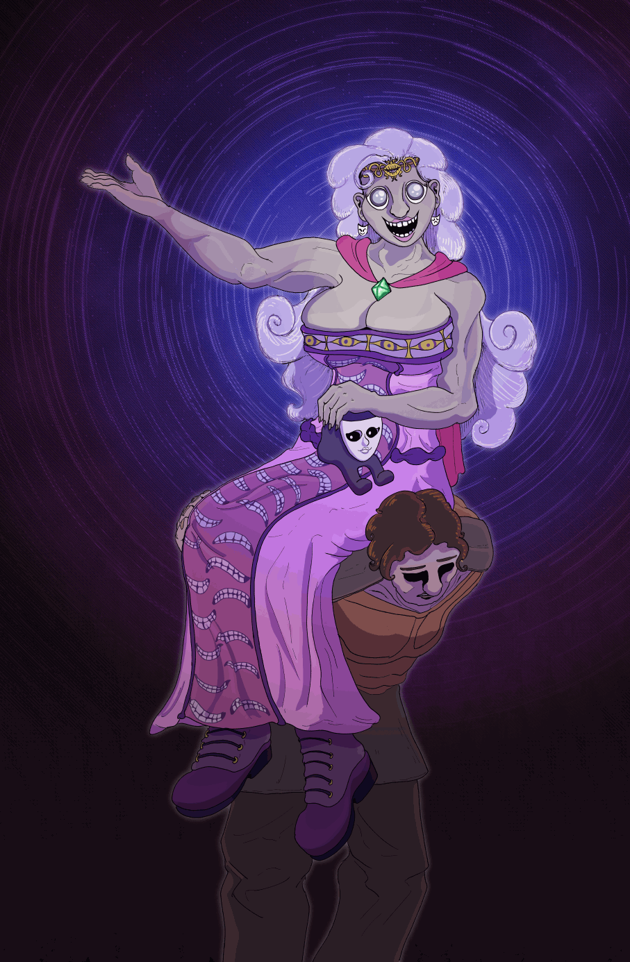 A woman with large assets sitting upon the back of a man carrying her. There is a maniacal emptiness in her expression. She is petting a small masked creature with two legs and a similar looking monster fades in and out of view coiled around her.